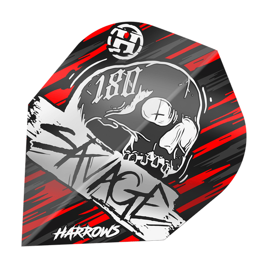 Harrow's Savage Red Silver No6 Flights Das Bild zeigt ein Dartflight mit einem Totenkopf-Design und der Aufschrift "SAVAGE" sowie "180". Die Farben sind hauptsächlich rot, schwarz und silber, und unten steht das Logo "Harrows".
