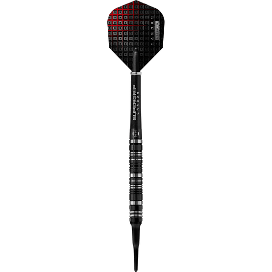 HA29471_Harrows_Magnum_Reloaded_Softdarts_1RIpEbjOlTzsya Auf dem Bild ist ein Harrows Magnum Reloaded Softdart zu sehen. Der Dartpfeil hat ein schwarzes Design mit silbernen Akzenten und einer strukturierten Flights.
