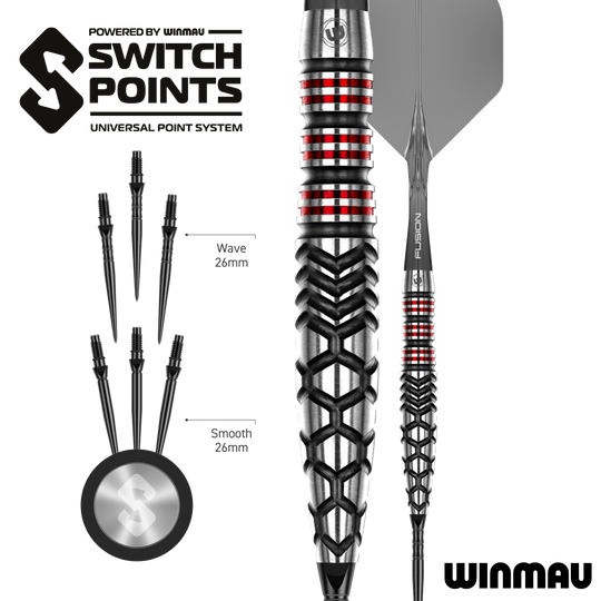 Das Bild zeigt die Winmau Fornax Torpedo Switch Points Steeldarts. Diese Steeldarts sind speziell für hohe Präzision und Leistung entwickelt.