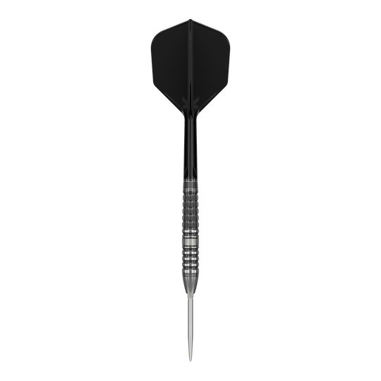 Target Japan Black Marque Lumiere GEN3 steel darts Das Bild zeigt einen Target Japan Black Marque Lumiere GEN3 Steeldart. Der Dartpfeil hat eine schwarze Flights und einen silbernen, geriffelten Barrel.