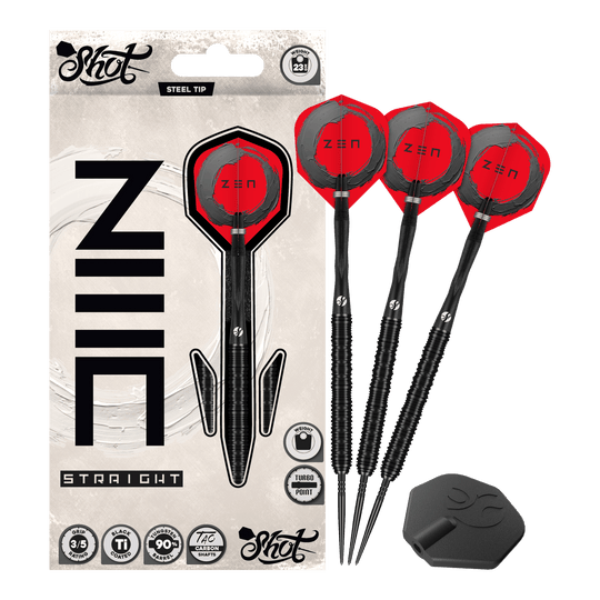 Shot ZEN Straight Turbo Point Steel Darts - 23g Das Bild zeigt Shot ZEN Straight Turbo Point Steeldarts - 23g in voller Länge. Die Steeldarts werden vollständig dargestellt.