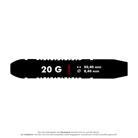 Unicorn Top Brass V1 Steeldarts - 20g Das Bild zeigt die Produktangaben für den "Unicorn Top Brass V1 Steeldarts - 20g". Es hat ein Gewicht von 20 Gramm, eine Länge von 50,40 mm und einen Durchmesser von 8,40 mm.