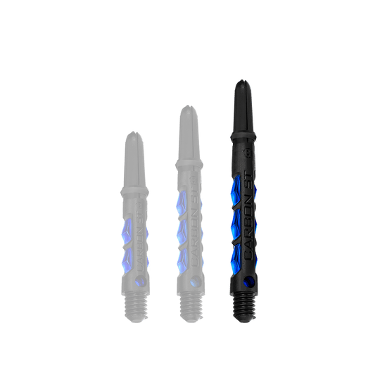 Das Bild zeigt drei schwarze Dartschäfte mit blauen Akzenten der Marke "Harrows Carbon ST Shafts - Blau". Sie sind in unterschiedlichen Längen angeordnet.