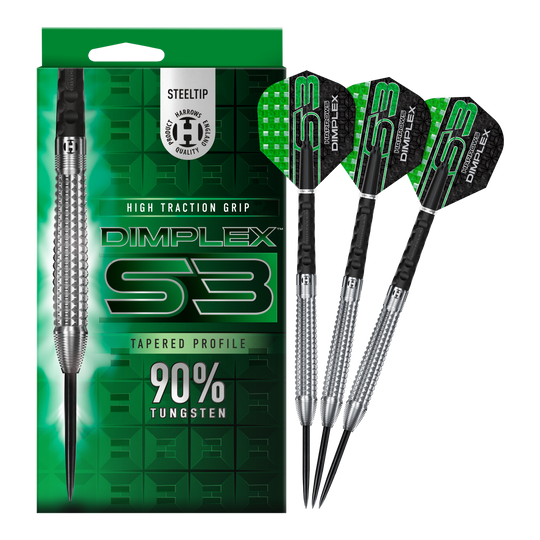 Harrows Dimplex S3 Tapered Steel Darts Das Bild zeigt die Harrows Dimplex S3 Tapered Steeldarts mit einer auffälligen grünen Verpackung. Drei Steeldarts aus 90% Wolfram sind neben der Verpackung abgebildet.