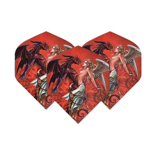 Das Bild zeigt drei Dartflights mit einem roten Hintergrund und einem fantasievollen Motiv. Auf den Flights sind ein weiblicher Engel und ein Drache abgebildet, die sich gegenüberstehen.