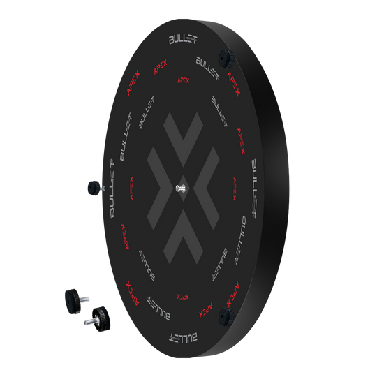 Dies ist das Bullet Apex Steeldartboard. Das Bild zeigt das Produkt in Nahaufnahme.