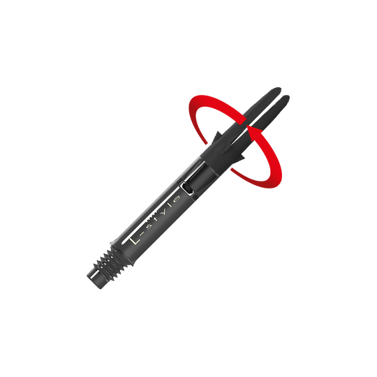 Auf dem Bild ist ein schwarzer Dartshaft aus Carbon der Marke L-Style zu sehen. Am oberen Ende ist eine rote Pfeilmarkierung, die eine Drehbewegung anzeigt.