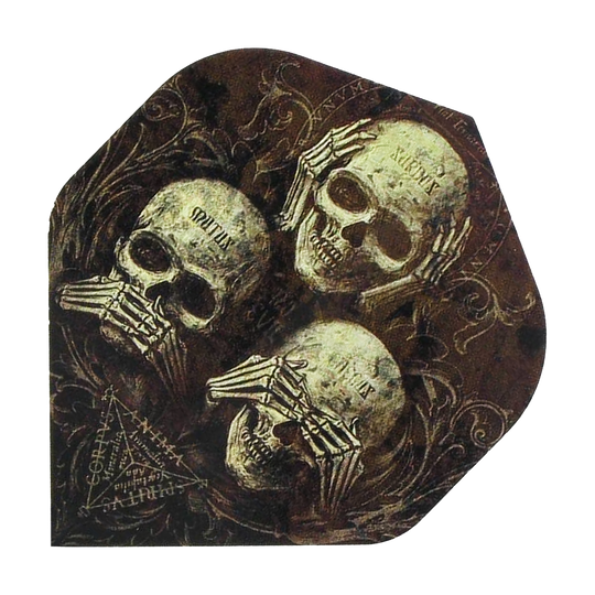 ALC5_Alchemy_No_Evil_Standard_Flights_1 Das Bild zeigt drei Totenköpfe, die nach dem Prinzip „nichts sehen, nichts hören, nichts sagen“ jeweils die Augen, Ohren oder den Mund bedecken. Die Gestaltung wirkt dunkel und mystisch, passend zum Produkt „Alchemy No Evil No2 Standard Flights“.
