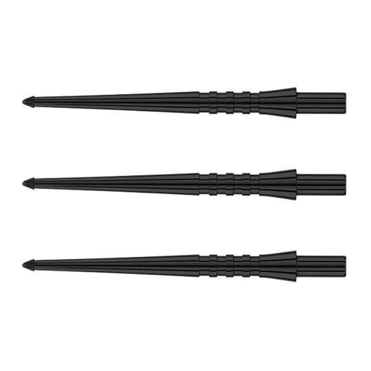 X0489-RedDragon-Raptor-GT-Points-1 Das Bild zeigt drei schwarze Dartspitzen des Produkts "RedDragon Raptor GT Points - 32mm - Spitzen". Die Spitzen sind schmal, lang und haben eine gerillte Struktur im mittleren Bereich.