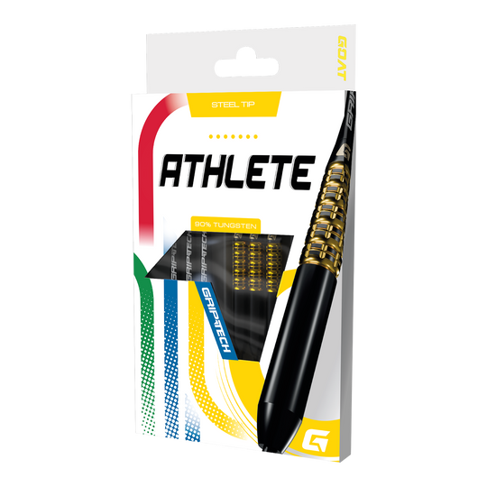 GOAT Athlete Yellow Tungsten Steel Darts Das Foto zeigt einen gelben Tungsten-Steeldart. Das Produkt wird als 'GD7000770 GOAT Athlete Yellow Tungsten Steeldarts 3' bezeichnet.