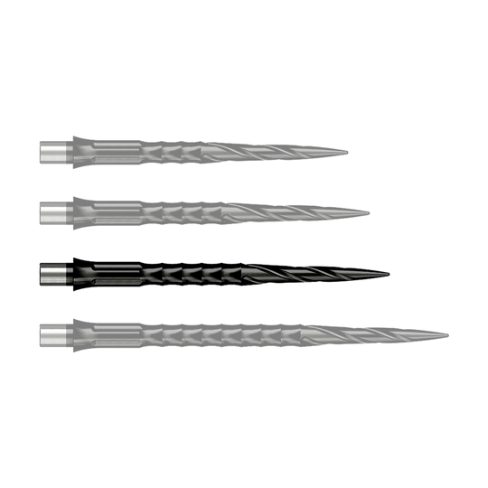 Dieses Bild stellt eine einzelne Steeldartspitze des Caliburn Evo Systems, Spiro NoLip Black, 36mm dar. Die Spitze ist schwarz und für präzises Dartswerfen gefertigt.