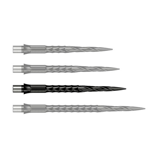 Caliburn System steel dart tips - Spiro - No Lip - Black Dieses Bild stellt eine einzelne Steeldartspitze des Caliburn Evo Systems, Spiro NoLip Black, 36mm dar. Die Spitze ist schwarz und für präzises Dartswerfen gefertigt.