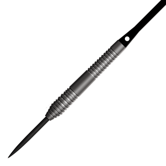 Bulls NL Dirk Van Duijvenbode 80 steel darts Auf dem Bild ist ein Steeldart mit einem silbernen, geriffelten Griff und einer schwarzen Spitze zu sehen. Es handelt sich um das Produkt "Bulls NL Dirk Van Duijvenbode 80 Steeldarts".