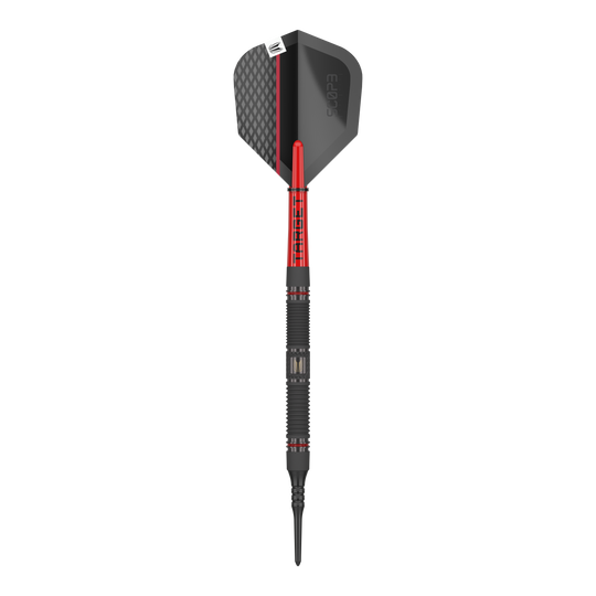 Target Scope 10 Soft Darts Das Bild zeigt einen Target Scope 10 Softdart. Der Dartpfeil hat ein schwarzes und rotes Design mit einer strukturierten Spitze und einer schwarzen Flight.