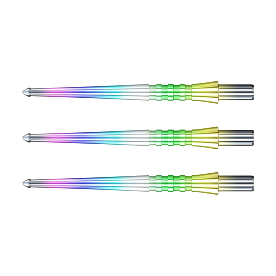 Das Bild zeigt drei bunte Dartspitzen des Produkts „RedDragon Raptor GT Rainbow Points Spitzen“. Sie haben einen metallischen Glanz und leuchten in verschiedenen Regenbogenfarben.