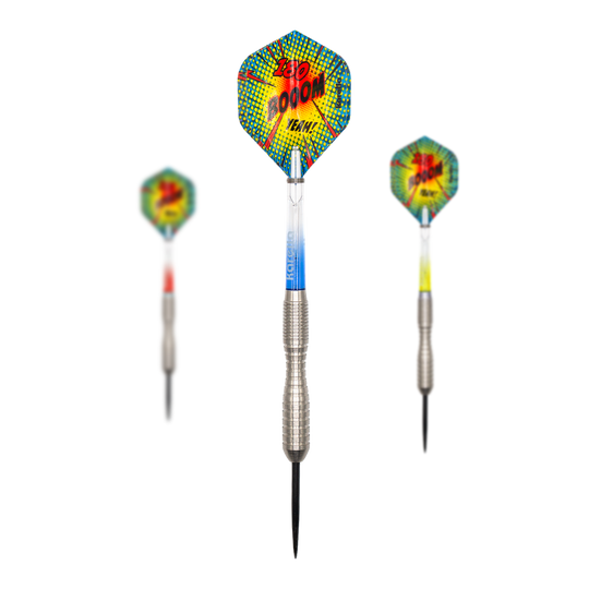 Dieses Bild zeigt ein Set der Karella Comic Line CL-3 Steeldarts mit 24 Gramm Gewicht. Das Set eignet sich ideal für Präzisionswürfe.