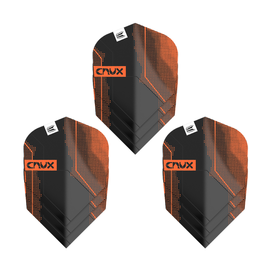 Target Pro Ultra Crux No6 Flights - 3 Sets - 3 Sets Das Bild zeigt drei Sets von Target Pro Ultra Crux No6 Flights. Die Flights sind schwarz mit orangefarbenen Akzenten und dem Schriftzug "Crux".