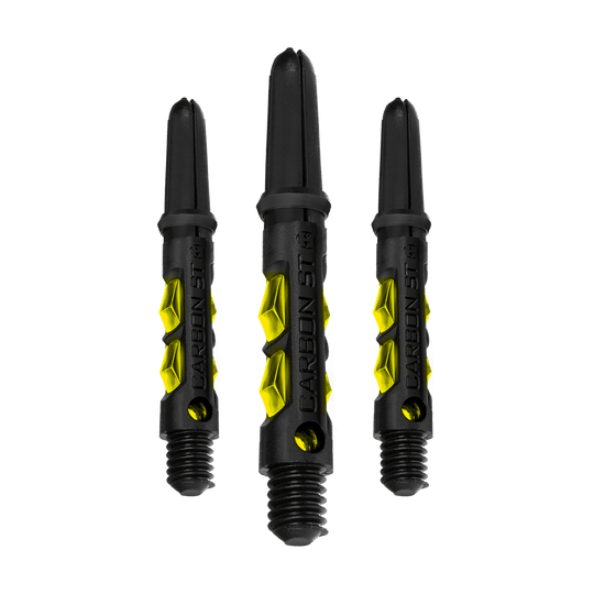 Das Bild zeigt drei Harrows Carbon ST Shafts in Gelb. Die Schäfte sind schwarz mit gelben Akzenten und haben eine robuste, moderne Optik.