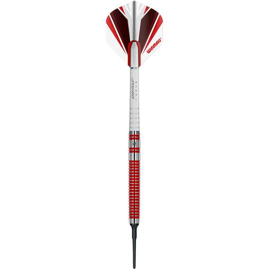2429_Winmau_Overdrive_Softdarts_1JFsfRHw6pkaup Das Bild zeigt einen Winmau Overdrive Softdart mit einem Gewicht von 20 Gramm. Der Dart hat ein silbernes und rotes Design mit einem roten Winmau-Flight.
