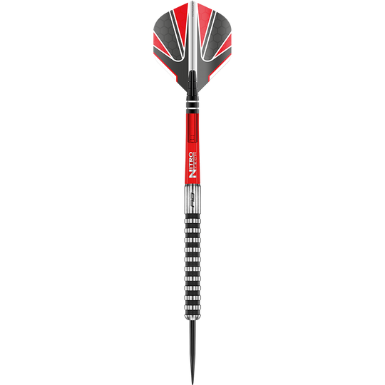 RD2140_Red_Dragon_Javelin_Black_Steeldarts_1wbfwpjEMaXFDP Das Bild zeigt einen Red Dragon Javelin Black Steeldart. Der Dartpfeil hat rote, schwarze und silberne Akzente sowie eine spitze Stahlspitze.