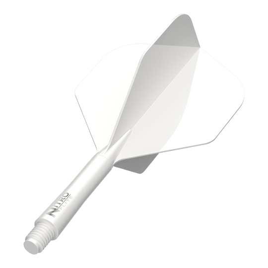 Das Bild zeigt das Produkt Red Dragon Nitro Flite Solid White and White Intermediate. Ein weißer Dart-Schaft mit weißen Flights ist zu sehen.