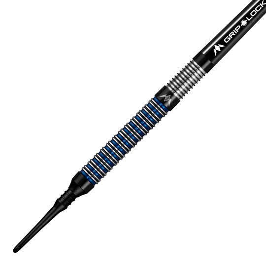 Mission Nightfall Model 1 soft darts Das Bild zeigt einen Mission Nightfall Model 1 Softdart mit einem schwarzen und blauen Ringdesign am Griff. Der Dart besitzt eine feine Riffelung für besseren Halt und eine schwarze Softspitze.