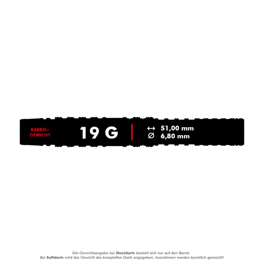 Target Japan Yuta Hayashi Sirius GEN3 Soft Darts - 19g Das Bild zeigt die technischen Daten für die Target Japan Yuta Hayashi Sirius GEN3 Softdarts - 19g. Das Barrel wiegt 19 Gramm, ist 51,00 mm lang und hat einen Durchmesser von 6,80 mm.