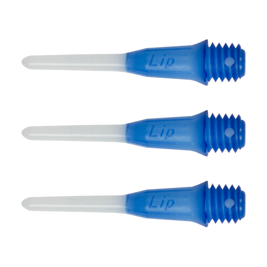 Das Bild zeigt drei blaue und weiße Dartspitzen der Marke "L-Style Two Tone Short Lippoints". Sie sind speziell für Softdarts konzipiert und tragen den Schriftzug "Lip".