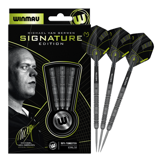 Zu sehen sind die Winmau Michael Van Gerwen Signature Edition Steeldarts. Das Produkt wurde in Zusammenarbeit mit dem Dartspieler Michael Van Gerwen entwickelt.
