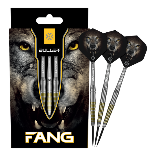 Bullet Fang steel darts Auf dem Bild sind die Bullet Fang Steeldarts komplett zu sehen. Die Steeldarts sind in voller Länge dargestellt.