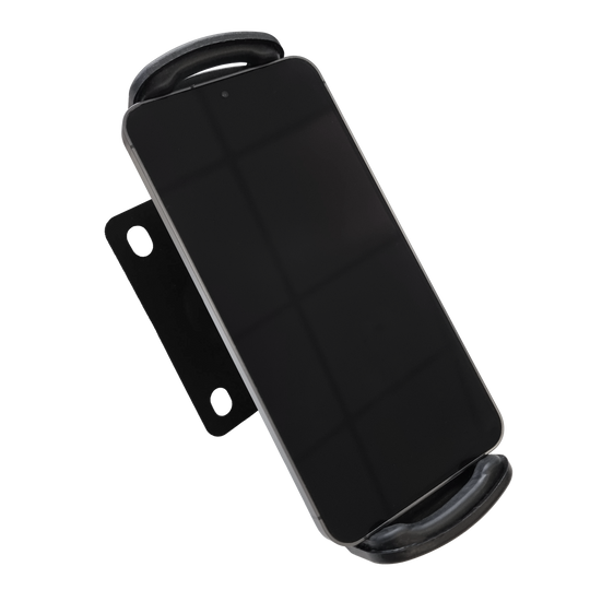 Die Abbildung zeigt die McDart TABSteady Tablet Wandhalterung mit einem eingespannten Tablet. Die Halterung ist stabil und zur Wandmontage geeignet.