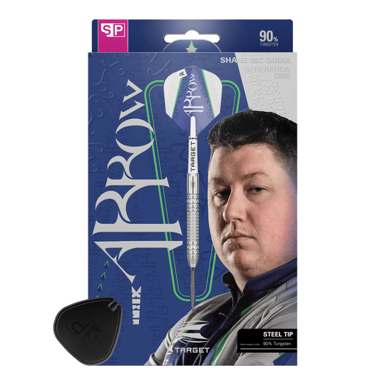 Target Shane McGuirk GEN1 Swiss Point Steel Darts - 23g Das Bild zeigt die Verpackung der "Target Shane McGuirk GEN1 Swiss Point Steeldarts - 23g". Auf der Verpackung ist ein Dartpfeil und das Porträt eines Mannes abgebildet.