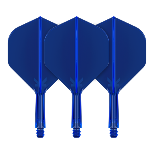 Target K-Flex No2 Standard Flight System - Blue Auf dem Bild sind drei blaue Dart-Flights zu sehen. Sie stehen nebeneinander und haben eine standardmäßige Form.