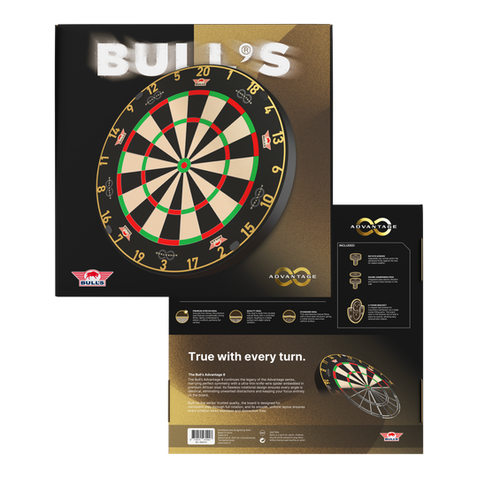 Zu sehen ist das Bulls NL Advantage 8 Steeldartboard. Die Steeldartscheibe besteht aus robustem Material für lange Spielzeiten.