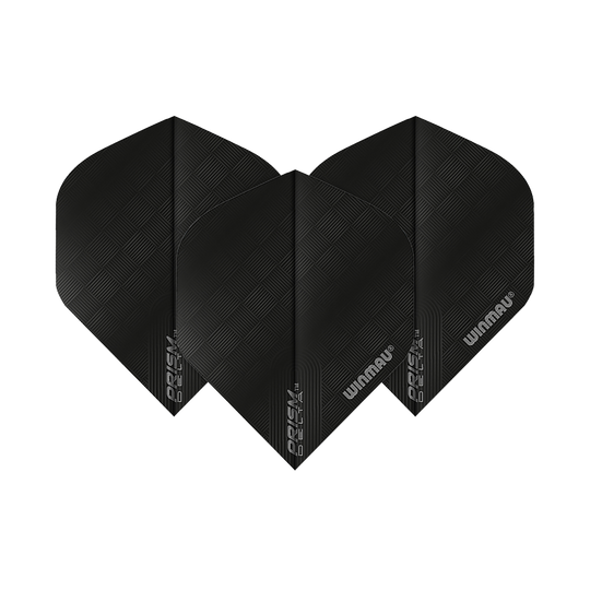 6915-201_Winmau_Prism_Delta_6915-201_Standard_Flights_1xRb3m8bLQuy6Q Das Bild zeigt drei schwarze Dart-Flights des Modells "Winmau Prism Delta 6915.201 Standard". Sie haben ein dezentes Karomuster und das Winmau-Logo ist darauf zu sehen.