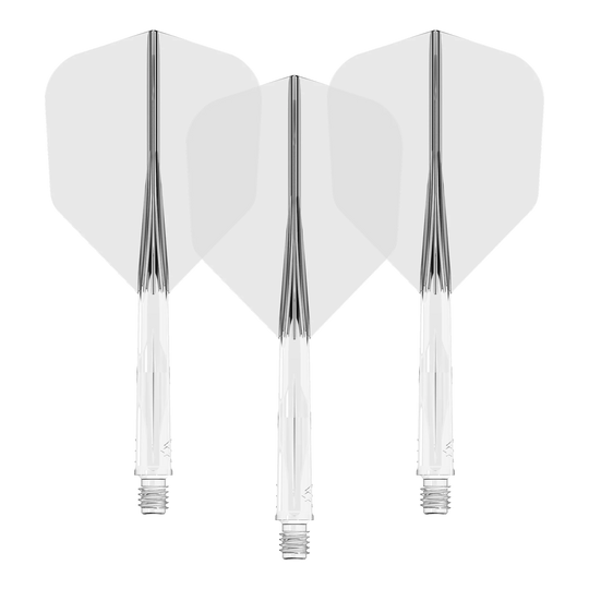 Mission Force 90 No6 Flight Shaft System - Clear Das Bild zeigt drei durchsichtige Dartschäfte mit weißen Flights. Sie sind nebeneinander in einer Reihe angeordnet.