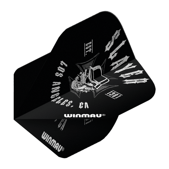6905-222_Winmau_Rockstar_Legends_Slayer_LA_Standard_Flights_2 Das Bild zeigt die Winmau Rockstar Legends Slayer LA Standard Flights. Das Design ist schwarz mit weißen Schriftzügen und einem rockigen Motiv.