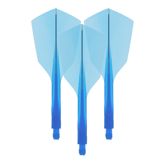 Condor Ax 120 Flight System Clear Blue - Narrow Das Bild zeigt drei blaue Dart-Flights mit integriertem Schaft. Es handelt sich um das Produkt "Condor Axe 120 Flight-System Clear Blue - Narrow".