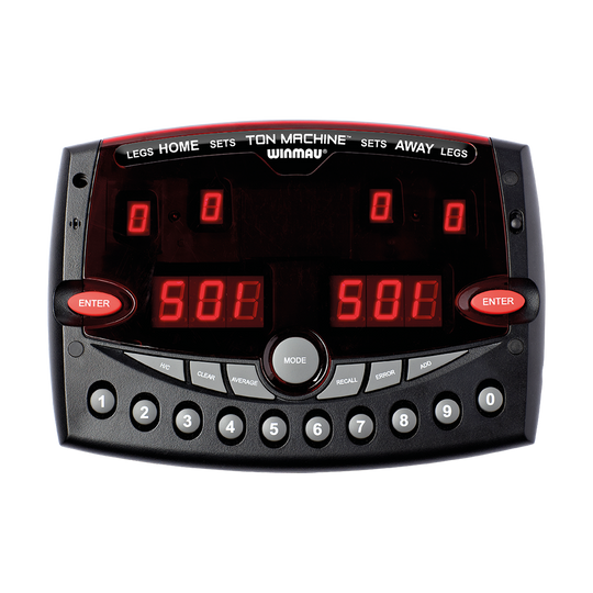Das Bild zeigt den Winmau Ton Machine Professional Scorer, ein elektronisches Anzeigegerät für Darts. Es verfügt über ein digitales Display, zahlreiche Bedientasten und rote Enter-Tasten auf beiden Seiten.