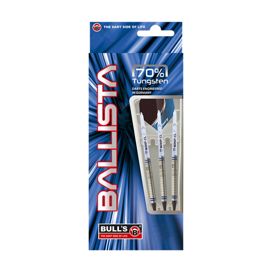 Das Bild zeigt die Verpackung der "Bulls Ballista B1 Softdarts - 18 g". Die Darts bestehen zu 70 % aus Tungsten und sind in einer blauen Verpackung präsentiert.