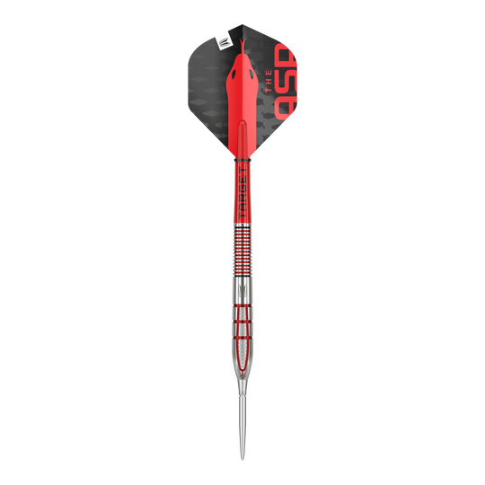 Target Nathan Aspinall GEN2 Swiss Point steel darts Auf dem Bild ist ein moderner Steeldartpfeil mit roten und silbernen Akzenten zu sehen. Das Flight-Teil ist schwarz mit roten Details und der Spitze zeigt nach unten.