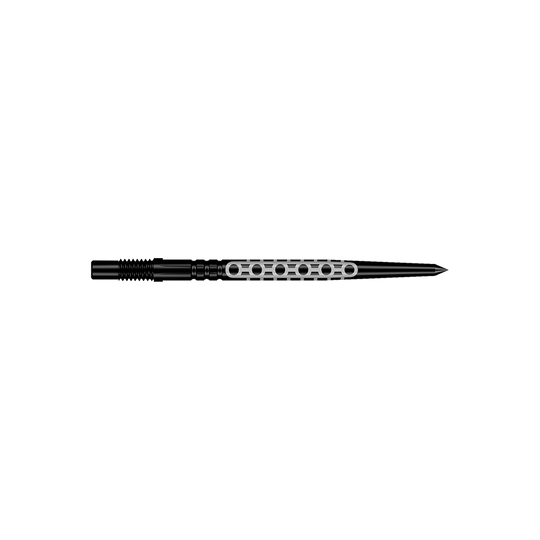 Shot Turbo Point Goths Dart Tips - Black Zwei schwarze Dartpfeile mit glatter Struktur werden dargestellt. Die Pfeile sind nebeneinander angeordnet.