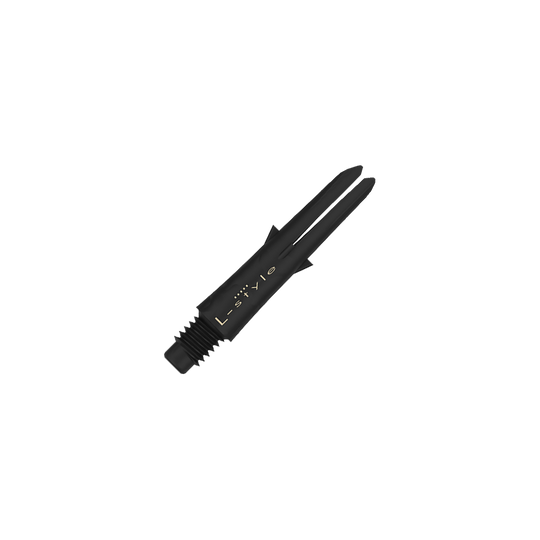 L style carbon shafts Das Bild zeigt einen schwarzen Dart-Schaft aus Carbon mit der Aufschrift "L-style". Der Schaft ist ohne Kappen und hat ein Gewinde am unteren Ende.