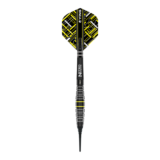 Red Dragon Astraeus Q4X Torpedo Soft Darts - 20g Das Bild zeigt den Red Dragon Astraeus Q4X Torpedo Softdart mit einem Gewicht von 20g. Der Dart hat ein modernes Design mit schwarzen und gelben Akzenten.