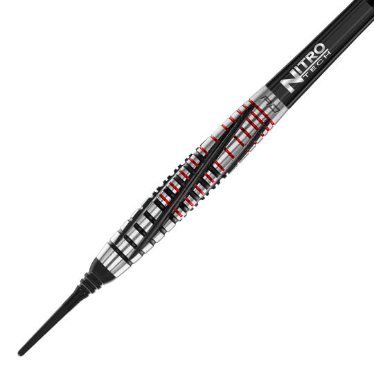 Red Dragon Rifle Soft Darts - 20g Das Bild zeigt einen Red Dragon Rifle Softdart mit einem Gewicht von 20 Gramm. Der Dartpfeil hat ein silbernes und schwarzes Design mit roten Akzenten.