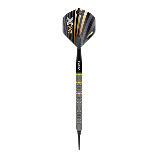 Winmau Michael Van Gerwen Evo-X soft darts - 20g Das Bild zeigt einen Winmau Michael Van Gerwen Evo-X Softdart mit einem Gewicht von 20g. Der Dart hat ein modernes Design mit schwarz-goldenen Akzenten und einer strukturierten Griffzone.