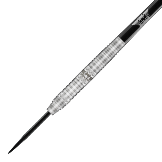 Bulls NL Richard Veenstra 80 steel darts - 23g Das Bild zeigt einen silbernen Steeldartpfeil mit schwarzer Spitze und silbernen Ringen. Auf dem Barrel ist das Logo von Bulls NL eingraviert.