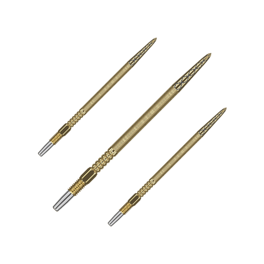 Target Swiss Point DX dart tips - gold Das Bild zeigt drei goldene Dartspitzen mit feiner Gravur. Sie sind in einer Reihe nebeneinander angeordnet und haben silberne Endstücke.