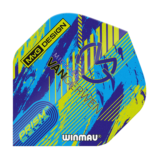 Das Bild zeigt ein buntes Dartflight mit dem Namen "Winmau Delta Michael Van Gerwen Prism 04 Standard Flights". Auf dem Flight sind verschiedene Schriftzüge und ein modernes Design in Blau, Gelb und Lila zu sehen.