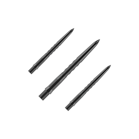 Mission Caliburn EVO Dart Tips - Grooved - Black Das Bild zeigt drei schwarze, gerillte Steeldartspitzen, die parallel zueinander liegen. Die Spitzen sind spitz zulaufend und haben eine glänzende Oberfläche.